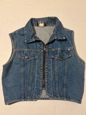 Vintage Classic Blue Denim Zip Vest With Rhinestone/Gem Cross on Back Fitted